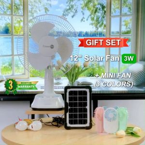 POWERPH 12 Inch Rechargeable Solar Fan With 3W Solar Panel 2 LED Lights Multi-Function Outlet Charger + Mini Portable Pocket Fan Rechargeable Quiet Fan With Adjustable Speeds And Phone Stand for Travel Home or Outdoor Use