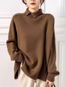 WANGGONGZHU | เสื้อสเวตเตอร์คอวีผ้าขนสัตว์แฟชั่นสำหรับผู้หญิง ฤดูใบไม้ร่วง/ฤดูหนาว เสื้อชั้นในแขนยาว ดีไซน์ใหม่ 2025 ทรงหลวม สวมใส่สบาย