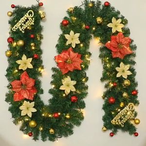 NUVOX 8.9FT Artificial Pine Christmas Garland Pure Green Rattan Hanging Ornament with LED lightsPremium Quality Soft Green Holiday Decor Home Garden Wedding Decorations