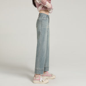 QIAOMIDUO | Womens Slim Fit Straight Leg Denim Jeans Fleece Lined Thick Winter High Waist Nine Point Breadstick Pants Y2K Millennium Retro