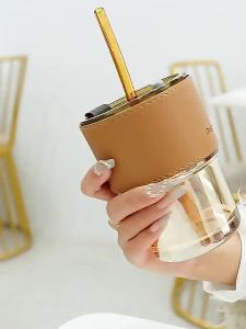 [HCM] Cốc thủy tinh Gorgous có nắp ống hút và bao da đi kèm 400ml-CA666