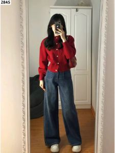 Red New Year Womens Sweater Jacket Autumn Winter 2025 New Style Dragon Year Inner Wear Korean Style Low round Neck Button up
