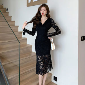 Impression Fashion Store Women Elegant V-neck Stitching Lace Long Sleeve Plain High Waist Bodycon Midi Fishtail Dress