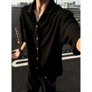 CHENMU | Black Texture Short Sleeve Shirt Mens Summer Thin Style Rich and Relaxed Sensation