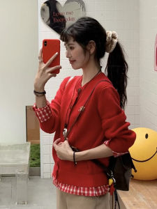 BINKAFENNY | Red Plaid Knitwear Sweater Coat Womens Autumn Winter Korean Style Splicing Design Sensation Loose Fit Long Sleeve Round Neck