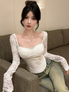 GUZILIAN | Heavy Embellished Lace Base Shirt Womens Inner Wear Autumn Winter Pure Desire Spicy Girl Square Collar Fishbone Top