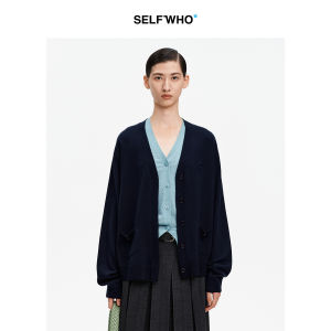 Merino Wool Blend Blue V-Neck Knitted Cardigan Women Autumn
