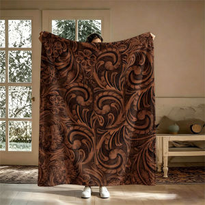 Tooled Leather Floral Brown Flannel Blanket Perfect for Sofa Office Bed Travel Sleep Read Relax Camping Four Season Use