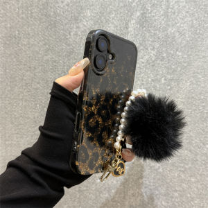 ZhiGe Luxury Black Gold Leopard Print Pearl Furry Phone Case for  16 pro Max 15 pro 14 Creative Anti-Fall Silicone Cover