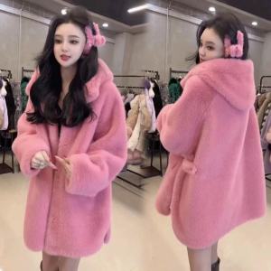 Winter New Style Womens Faux Fur Mink Coat Velvet Hooded Medium Length Swan Velvet Jacket Korean Version Long Sleeve Commute