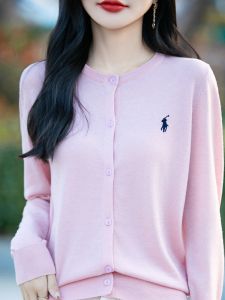 เสื้อคาร์ดิแกนถักคอตั้งแขนยาวถักปักลายม้าทรงหลวมสำหรับผู้หญิง เสื้อคลุมกันหนาวสไตล์อังกฤษ