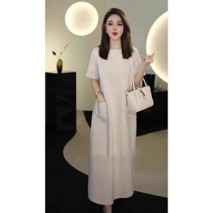 Slimming Effect Heavyweight Luxury Loose Fit Short Sleeve Commute Friendly Mid-Length Dress Comfortable A-Line Skirt