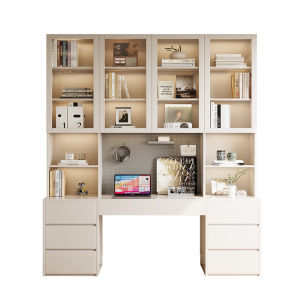 Solid Wood Study Desk Bookcase Combination Modern Minimalist Style Home Office Computer Desk Wall-Mounted Student Learning Desk