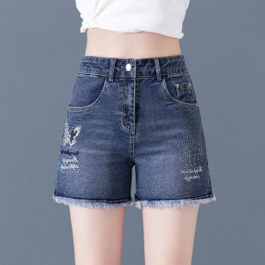 High Waist Straight Leg Embroidered Hem Denim Shorts Womens Summer Thin New Elastic Slimming Hot Pants Cotton Stretch Denim