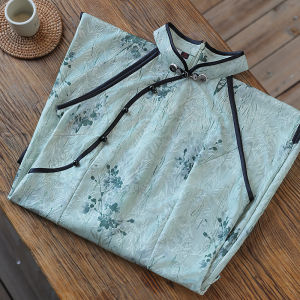 New Chinese Style Water-Mark Painting Young Girl Summer Dress Collarless Sleeveless Qipao Gown for Young Women Vintage Flavour