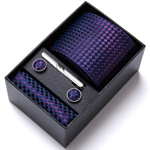 Tie For Men Festive Present Tie Handkerchief Cufflink Set Necktie Pocket Squares Purple Holiday Gift Box For Wedding Business