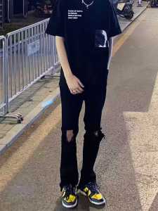 Broken Copper Denim American High Street Mens Trendy Slightly Spicy La Spring & Fall Spring Black Silm Mens Ripped Fashion Pants