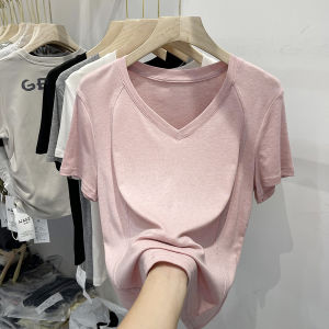 Purpleflower Holly Leaf Summer New Arrival Pure Color Minimalist Chic V Neck T-shirt Female Short Slimming Basic Style Casual T-shirt Top