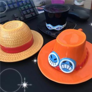 Anime Coffee Mug with Saucer Creative Luffy Ace Sabo Three Brothers Hat Shaped Ceramic Coffee Cup Childs Birthday Gift Cup