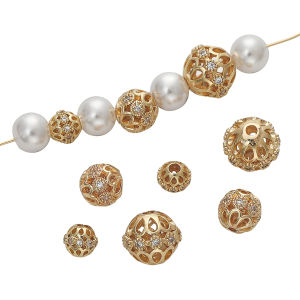 1pc 6/8/10mm 18K Gold Plated Brass with Zircon Round Hollow Space Beads Charm for Earring Bracelet Necklace Jewelry Making