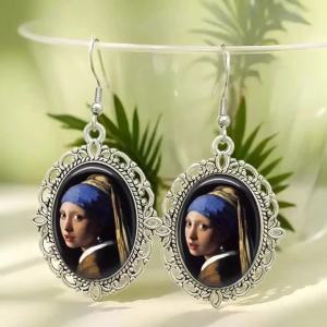 Vintage Vermeer Girl With A Pearl Earring Glass Drop Earrings Oval Dangle Jewelry For Women Girls Art Lover Gifts