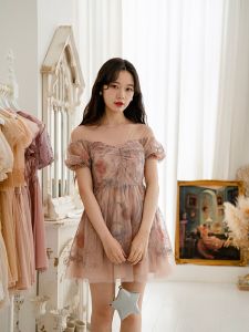 Dress Female Summer Original Goddess Temperament Fairy Lady Super Fairy Oil Painting off-Shoulder Puff Sleeve Princess Petite Short Dress