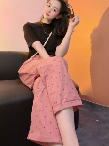 Pink Polka Dot Womens Summer Thin Wide Leg Pants Casual Nine Points Loose Lazy Style Trousers High Waist Straight Cut Loose Fit