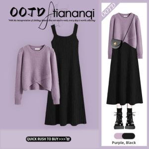 TIANANQI | Autumn Loose Lazy Style Knitwear and Dress Set