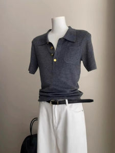 CHOEFULYN | Elegant Gray Polo Neck Ice Silk Short Sleeve T-shirt