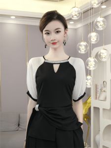 Elegant Unique French Style Womens Shirt Fashionable Petite Top High End Sensation Summer 2024 Straight Cut Bubble Sleeve