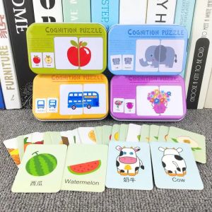 Baby Cognition Puzzle Toys Toddler Kids% Iron Box Cards Matching Game^ Cognitive Card Car* Fruit Animal Life Puzzle
