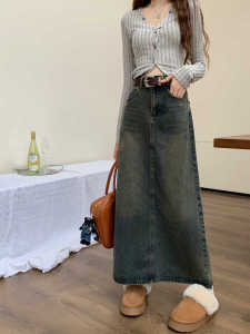 Pear Shapes High Waist Denim Skirt Womens Spring and Autumn Plus Size Plus Size Ladies Retro Loose Slim Looking A- Line Midi Skirt