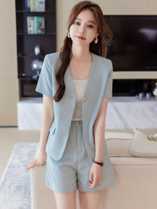 ชุดสูทแขนสั้นสไตล์สตรีทสำหรับผู้หญิง ชุดทำงานลำลอง คอตั้ง ปกติ ทรงหลวม ฤดูร้อน 2023 วัสดุโพลีเอสเตอร์และยางยืด