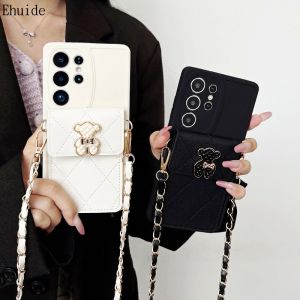 Bear Wallet Strap Case for Samsung Galaxy S26 Ultra S25 FE S21 S22 S23 S24 Plus Card Crossbody Lanyard PU Leather Fashion Cover