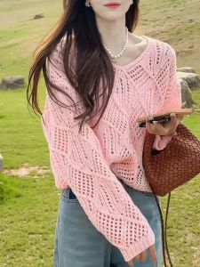 Áo Len Dệt Kim Rỗng Thiết Kế Kiểu Dáng Lười Biếng Cho Nữ Mùa Xuân Thu Mới Rộng Rãi Giảm Tuổi Tác Áo Len Cổ Chữ V Thường