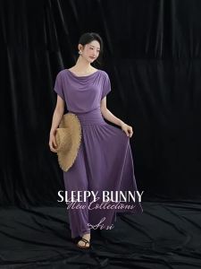 Áo Thun nữ Không Tay cổ Sò màu Tím Vintage có Dây Kéo Cao mùa Hè