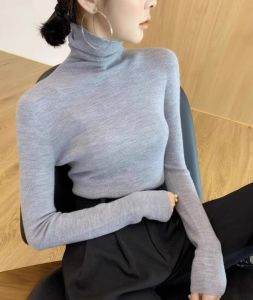 Red Cashmere Knitted Sweater Womens Autumn Winter Slim Fit Long Sleeve High Collar Base Layer Shirt Korean Style Commute Pure Color
