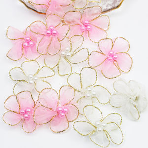 (30 Pcs/pack) 35mm Organza Ribbon Flower Gold Border Pearl Handmade Flowers Three-dimensional Clothing DIY Hair Accessories Exquisite