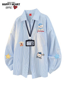 CHARLES JANGS HAPPY HEART | Heart Dog Print Striped Casual Long Sleeve Shirt