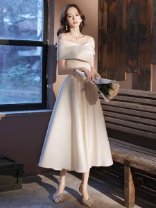 Champagne Color Mini Evening Gown One Shoulder Satin Dress Formal Ball Attire Daily Wear Elegant Feel Short Sleeve Long Dress