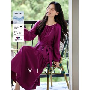 Vimly | Đầm Maxi Ôm Body Cổ Tròn Đục Lỗ Voan Pháp 100% Cotton