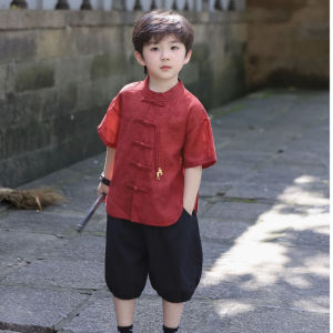 Không giới hạn x boy han Triều Đại Phong cách Trung Quốc Mới Trung Quốc cổ đại phong cách đẹp trai mùa hè Áo sơ mi ngắn tay mùa hè cho trẻ em mặc Bộ đồ trẻ Master đỏ tết trung thu