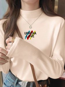 เสื้อยืดคอกลมแขนยาวทรงสลิมฟิตสำหรับผู้หญิง ผ้าขนแกะสองด้าน อบอุ่น แฟชั่นเกาหลี ฤดูใบไม้ร่วง 2025 เสื้อยืดผู้หญิงพิมพ์ลายใหม่