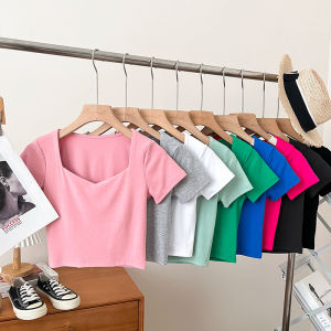 เสื้อยืดคอกว้างแขนสั้นทรงเข้ารูปสำหรับผู้หญิง แฟชั่น ลำลอง ฤดูร้อน คอเหลี่ยม ทรงเข้ารูป แขนสั้น เสื้อชั้นใน เสื้อชั้นใน