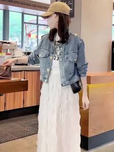 XUNYI | Áo Khoác Jeans Ngắn Độc Đáo Cho Phụ Nữ Mùa Xuân Thu Với Thiết Kế Hở Lưng
