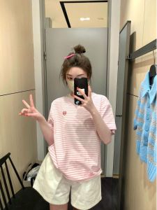 Áo Thun Tay Ngắn Kẻ Sọc Thời Trang Mùa Hè 2025 Bộ Đồ Thể Thao Rộng Rãi Hai Mảnh Giảm Tuổi Cho Phụ Nữ Trẻ