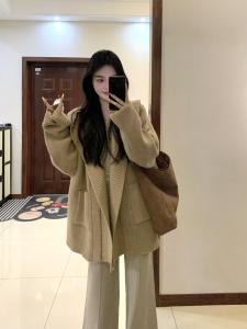 Áo Khoác Len Dài Tay Rộng Rãi Có Mũ Trùm Đầu Cho Nữ Mùa Thu Đông Thường Ngày Che Bụng Giảm Béo Áo Len Cardigan Hở