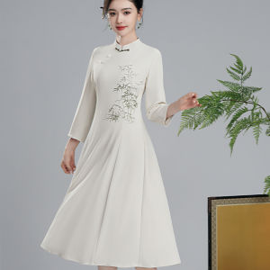 Retro New Chinese Style National Trend Embroidered Flower Daily Cheongsam Dress Bamboo Forest Spring Autumn Group Work Uniform