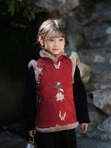 New Year Childrens Cheongsam Vest Baby Winter Fashion Girls Traditional Chinese Style Visit Clothes Floral Pattern Polyester