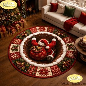 VIKAMA Christmas Round Rug Santa Claus Face Smile Plaid Area Rug Living Room Holiday Home Decor Aesthetic Art Large Premium Cute